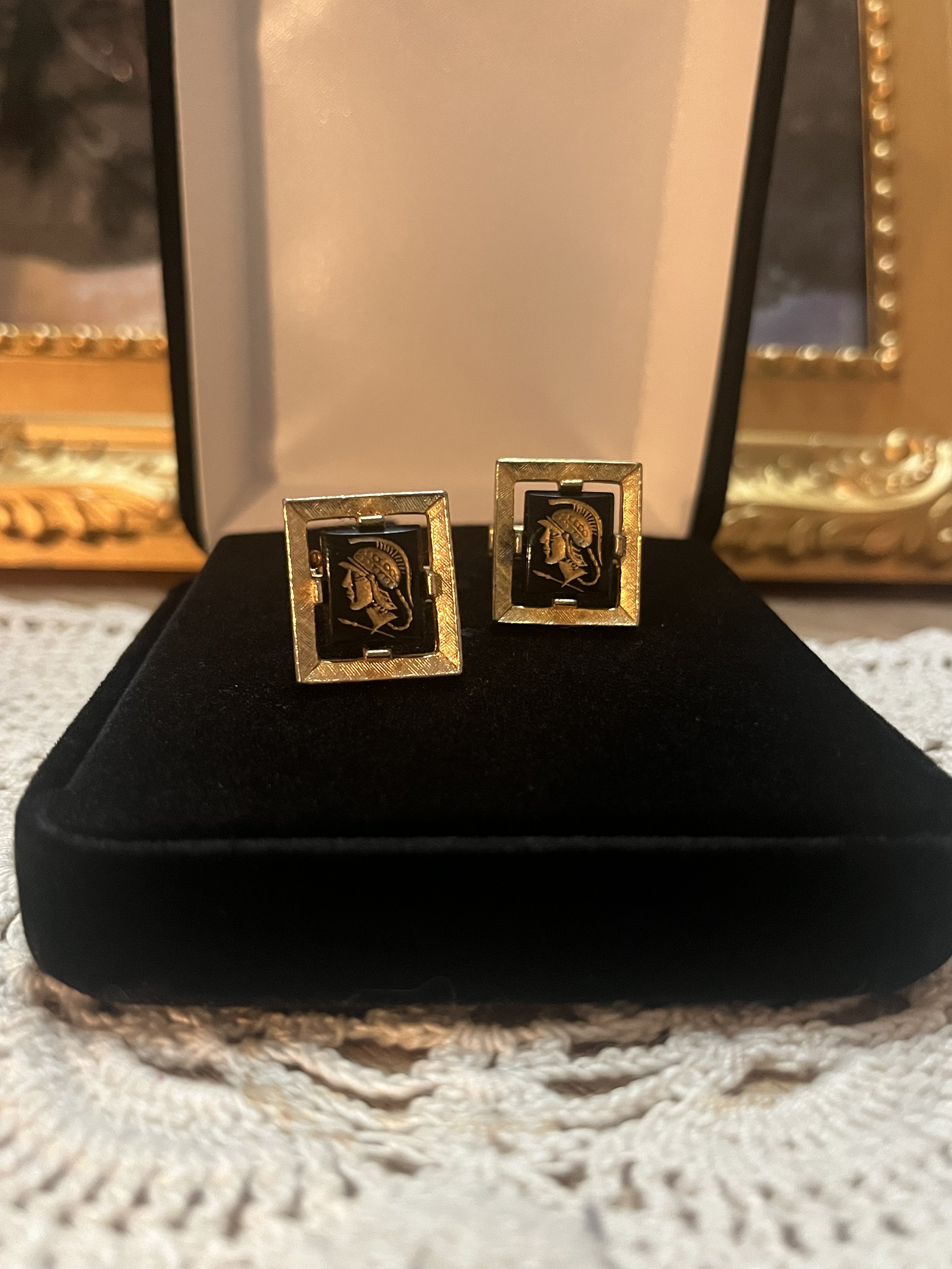 Black and Gold Cufflinks with Greek Inspired Soldier