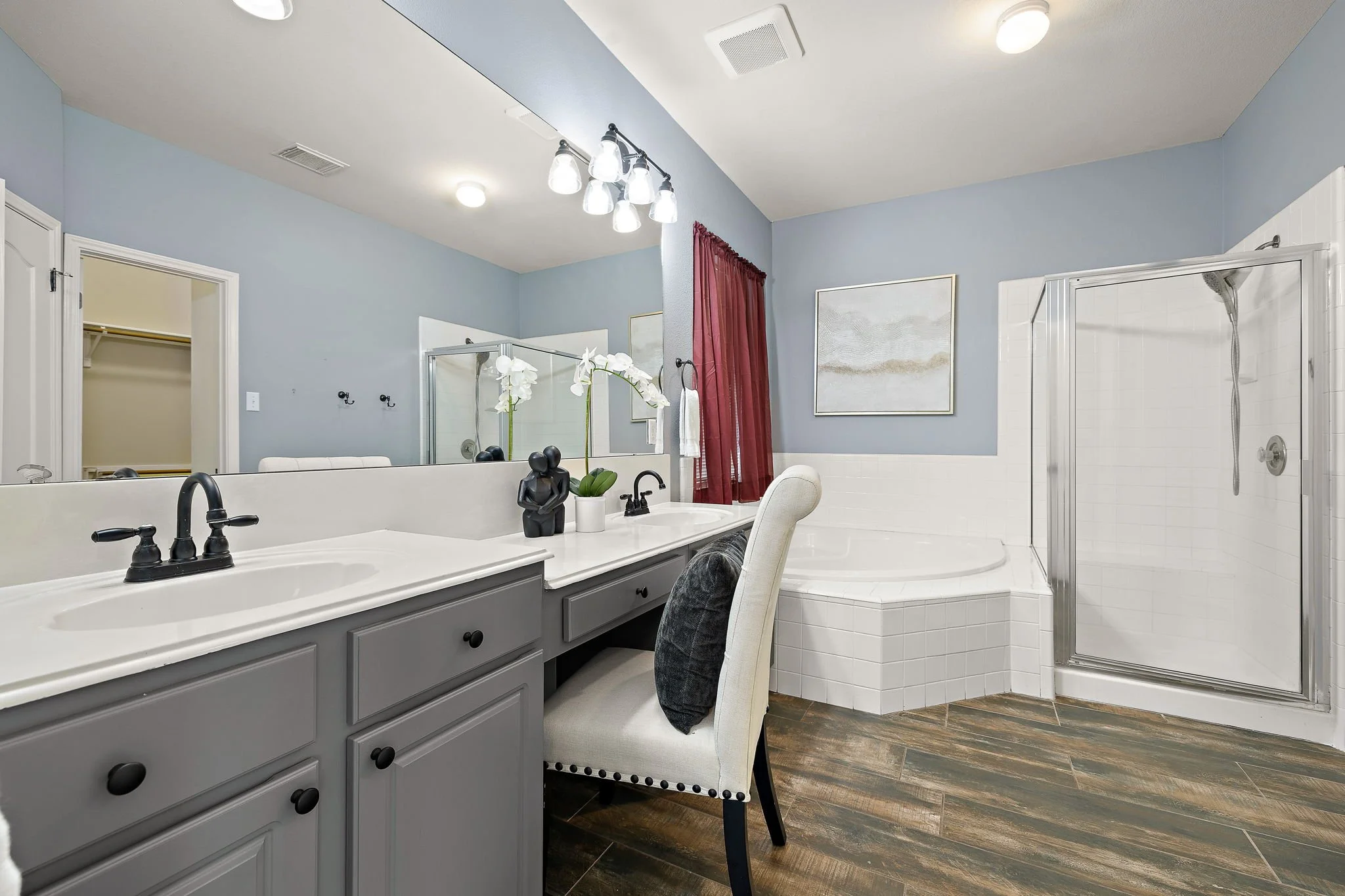 Master Bathroom with garden tub and walk-in shower.