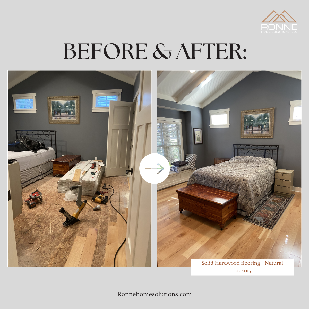 Before-and-after photos of a bedroom renovation showing a room with construction tools and unfinished floor in the 'before' image, and a finished bedroom with a bed, hardwood flooring, and decorated walls in the 'after' image.