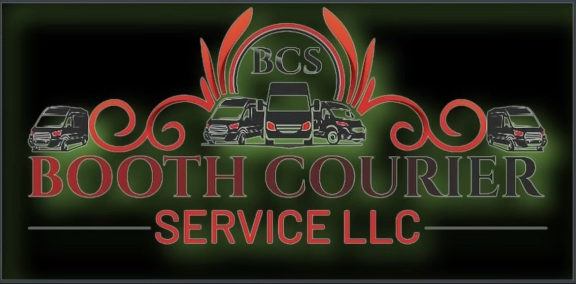 Logo of Booth Courier Service LLC featuring three delivery vans and decorative elements.
