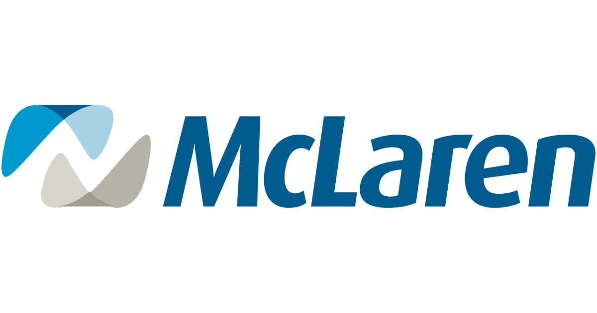 McLaren logo with stylized 'M' symbol in shades of blue, gray, and black, next to the word 'McLaren' in blue text.