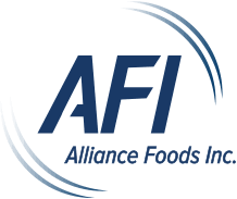 Logo of Alliance Foods Inc. with stylized blue text and curved lines.