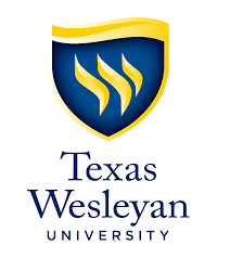Texas Wesleyan University logo with a blue shield and yellow flames above the text