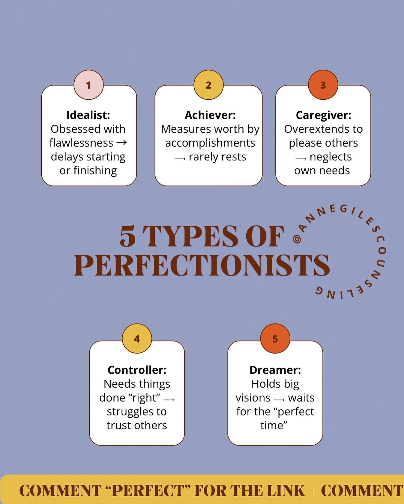 ✨ Perfectionism wears many faces… which one feels most like you?
1️⃣ Idealist → Obsessed with flawlessness, often delays starting or finishing.
2️⃣ Achiever → Worth tied to accomplishments, rarely rests.
3️⃣ Caregiver → Puts oth