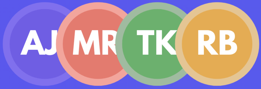 Overlapping colored circles with abbreviations AJ, MR, TK, and RB in white text