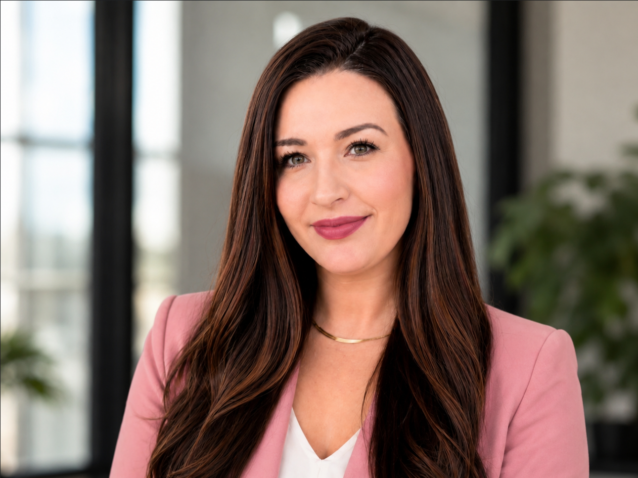 A woman with long brown hair in a pink blazer, smiling, in an office setting with large windows and some green plants in the background.