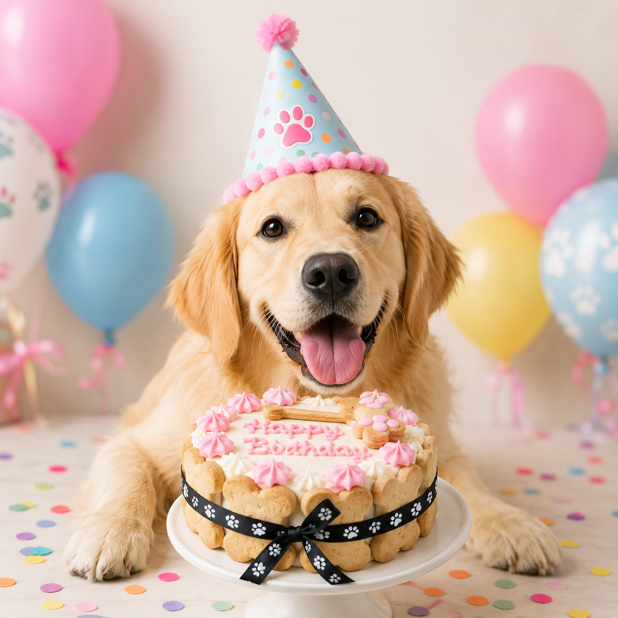 Dog birthday cake from Lucky Dog Bakery featuring a Golden Retriever, colorful balloons, and festive treats.