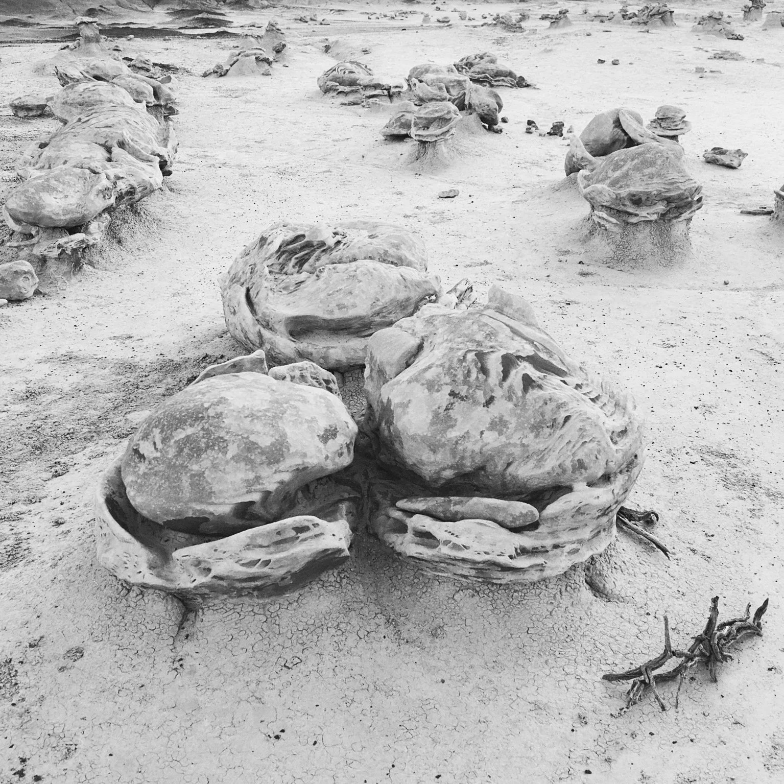 A black and white photo of large rocks scattered on dry, cracked desert ground.