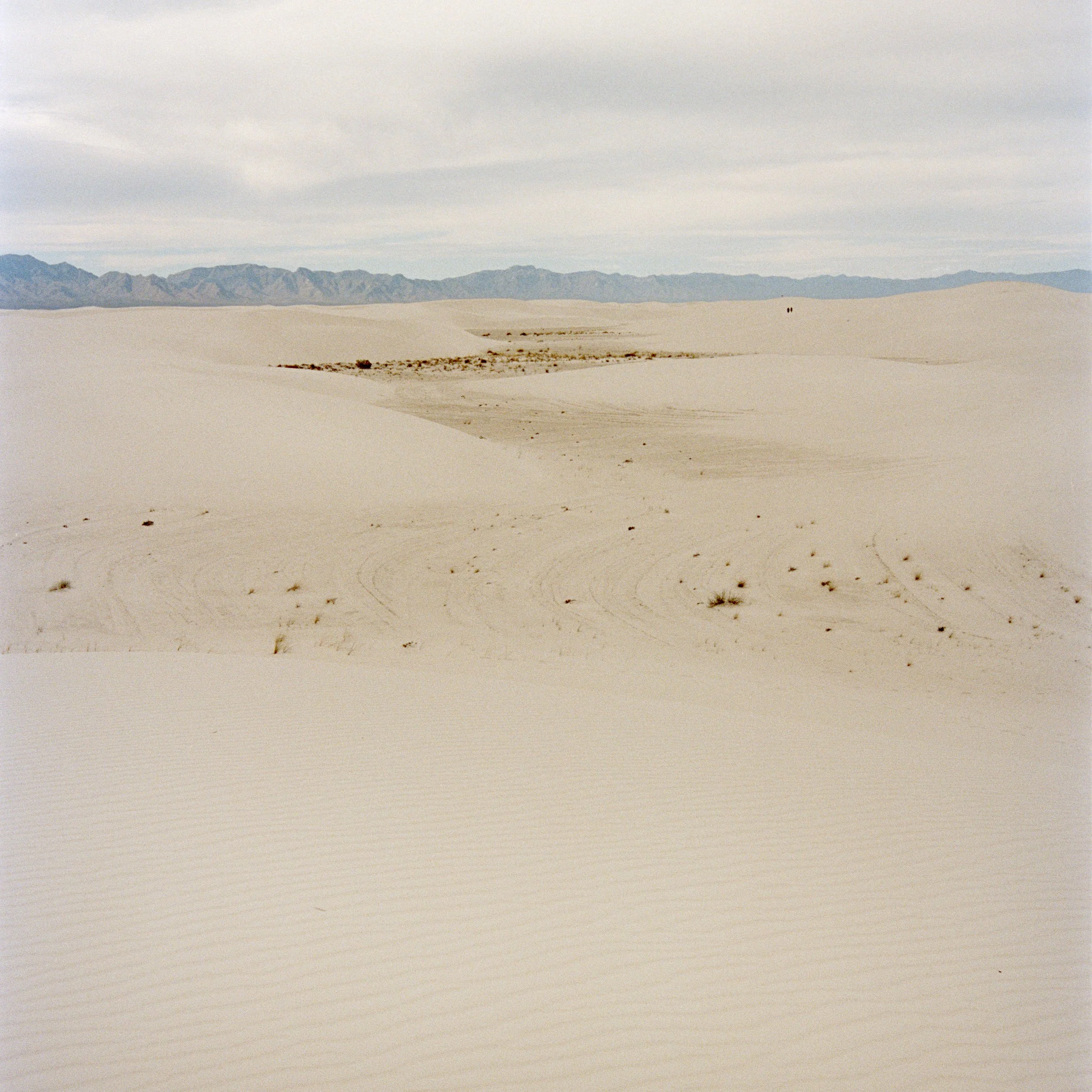 Desert landscape with rolling sand dunes, distant mountains, and a cloudy sky.