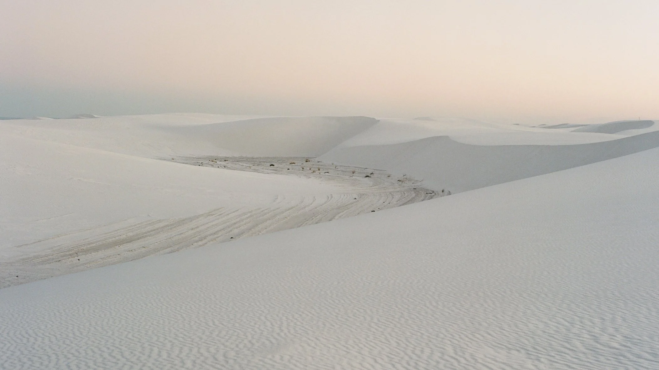 Snow-covered desert with rolling dunes and tracks in the sand, under a pale sky.
