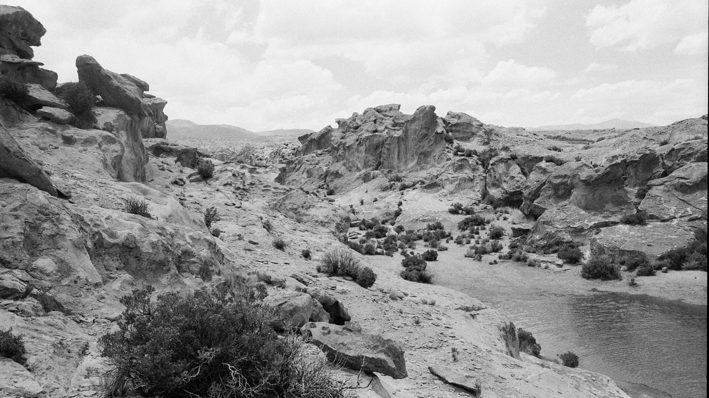 Black and white photo of a rugged desert landscape with rocky hills, sparse bushes, and a small pond or water feature in the foreground, under a cloudy sky.