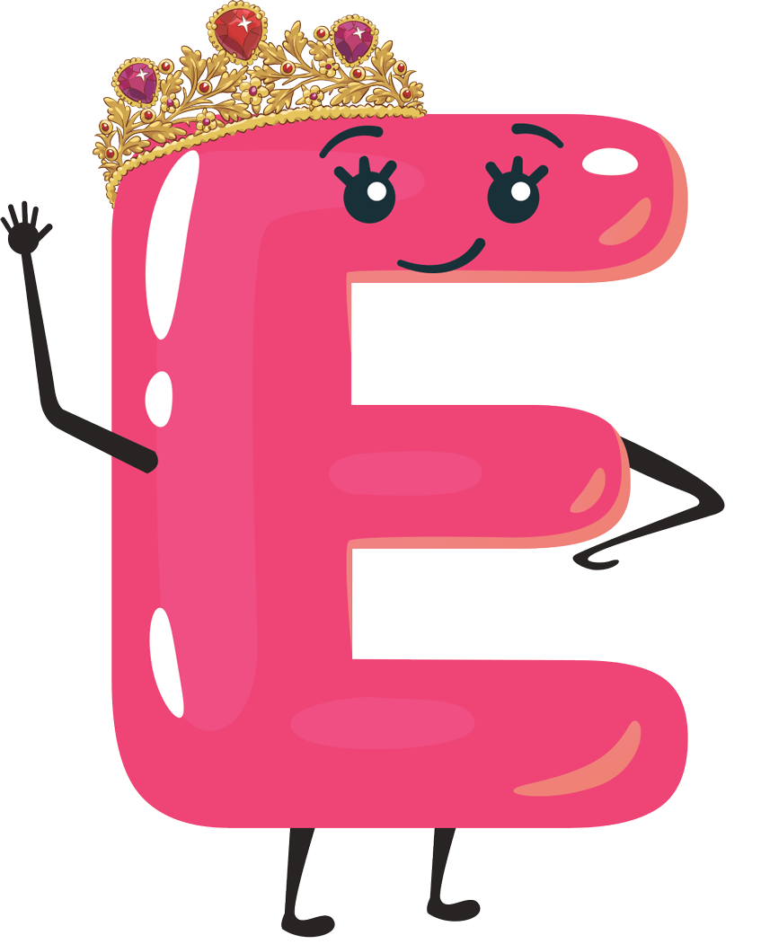 Cartoon letter E with a pink glossy appearance, dressed as a princess with a golden crown adorned with red and purple gemstones, smiling with expressive eyes, and waving with one hand.