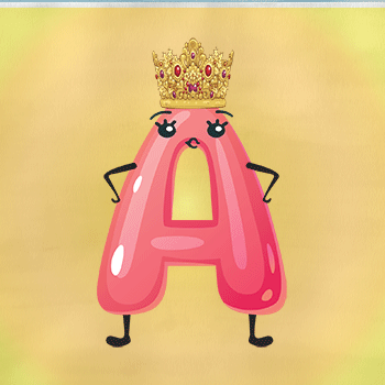 A cartoon letter 'A' with a pink, shiny, rounded appearance, wearing a gold crown with red and purple jewels. The letter has cartoon eyes, a mouth, and small black arms and legs.