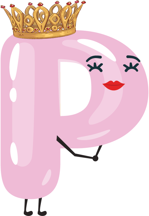 A cartoon letter P with a smiling face, adorned with a gold crown with red jewels, pink lips, closed eyes with long eyelashes, and small black arms and legs.