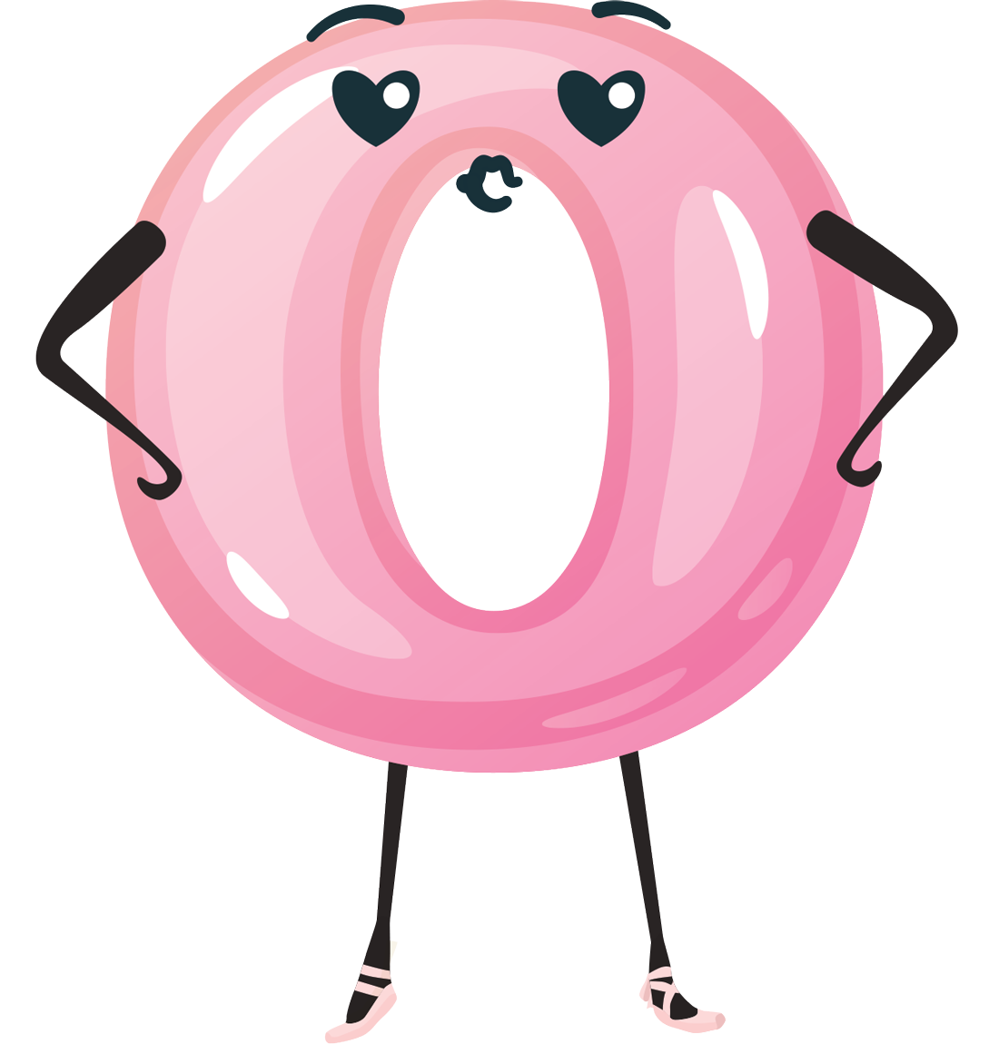 A cartoon pink donut with black arms, legs, and shoes, with two black hearts for eyes and an open mouth.