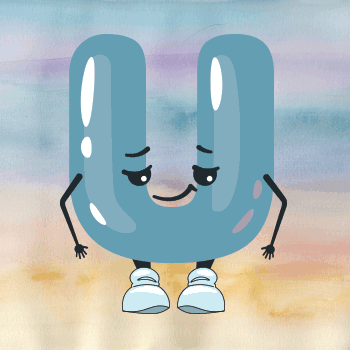 Cartoon U-shaped magnet with a smiling face, hands on hips, wearing sneakers, standing outdoors with a colorful sky background.