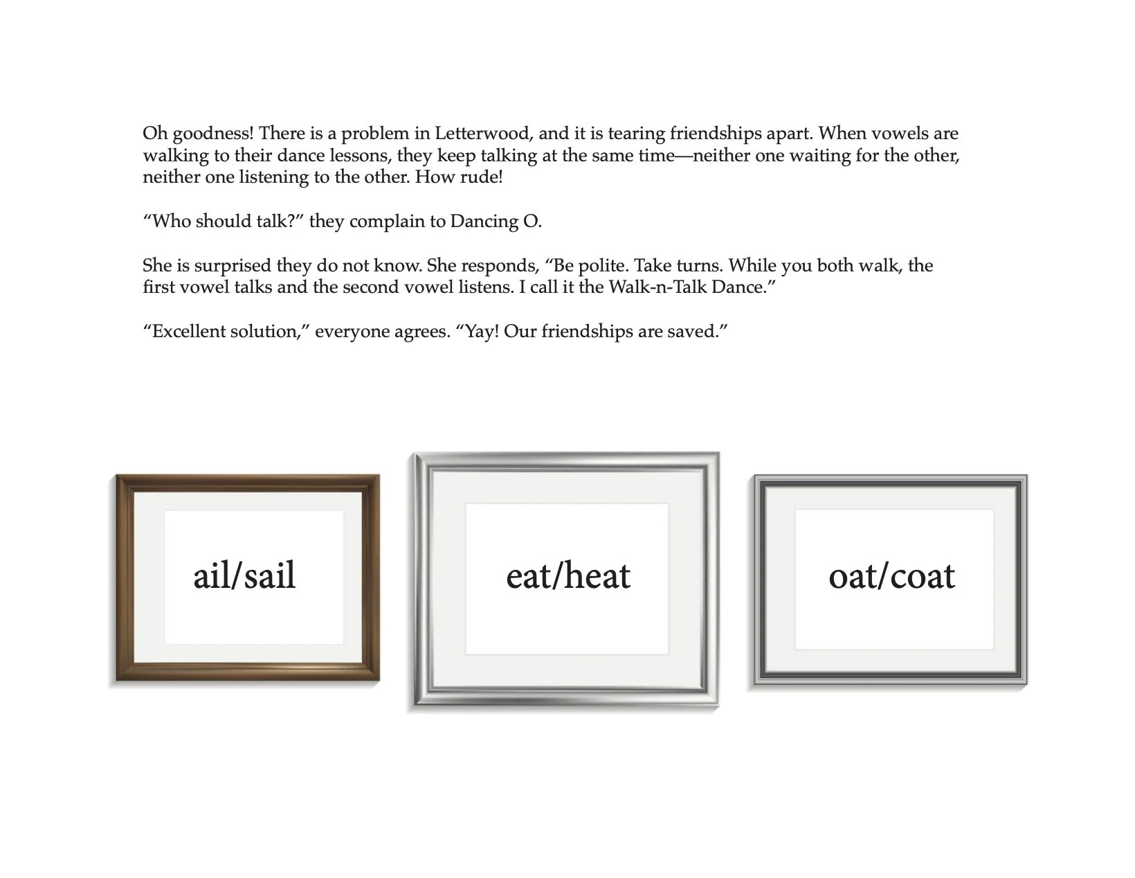 Three framed vocabulary words with the prefixes 'ail/sail', 'eat/heat', and 'oat/coat', and a story about improving friendships through a 'Walk-n-Talk Dance' involving vowel sounds.