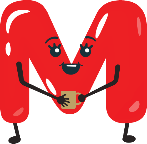 Animated letter M with a face and arms, holding a mug