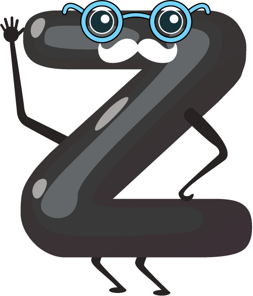 Animated letter Z with glasses, a mustache, and limbs, giving a playful personality.