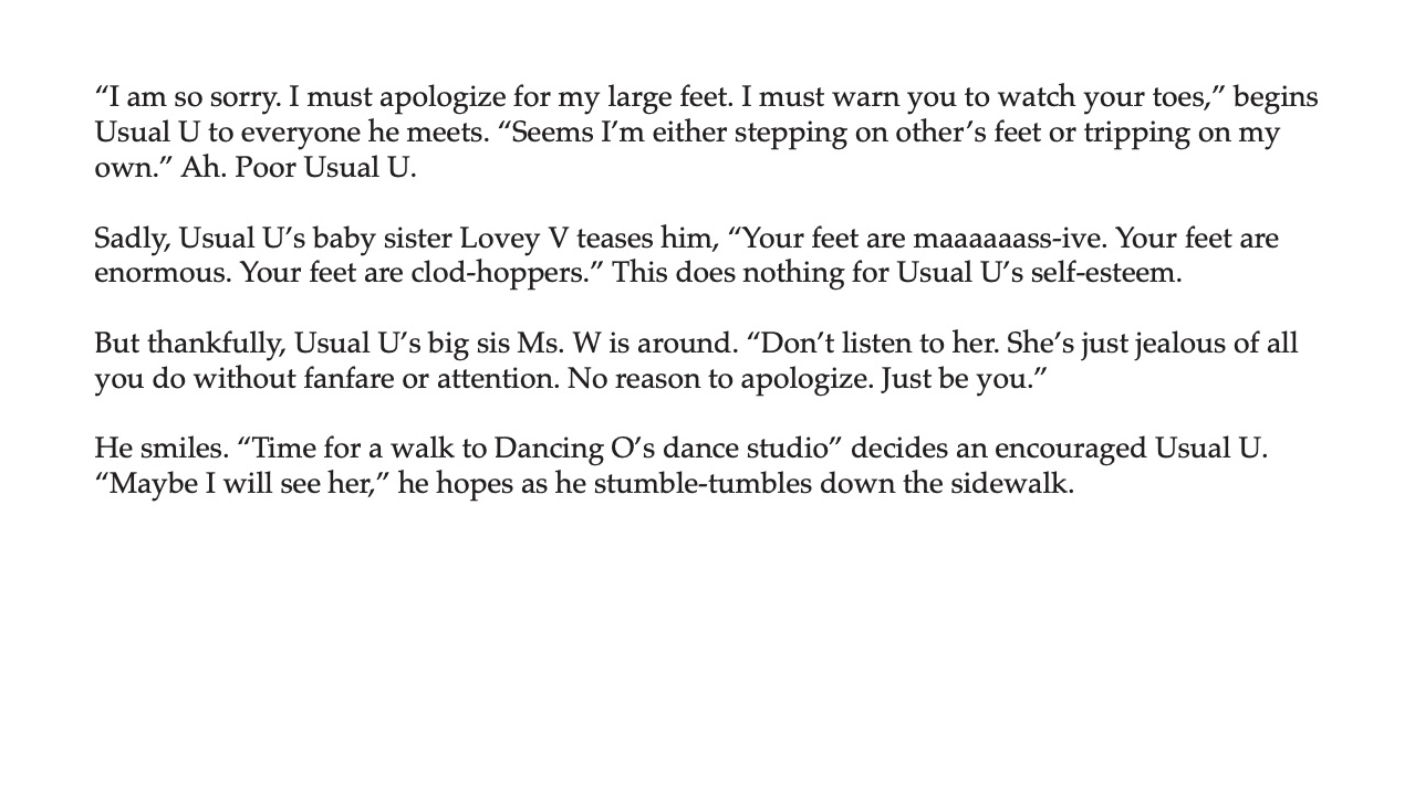 Text excerpt from a story or play, describing characters' dialogue and actions involving Usual U, his sister Lovey V, Ms. W, and Dancing O.