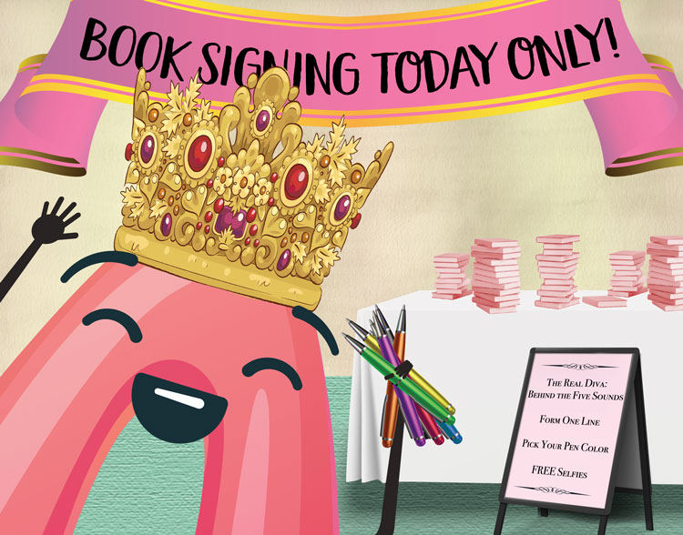 Cartoon character with a pink body and a crown on its head at a book signing event. A sign offers free selfies, with stacks of pink books in the background. A banner reads 'Book Signing Today Only!'
