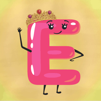 Animated pink letter E with a smiling face, arms, and legs, wearing a crown with pink and purple jewels, on a yellow background.