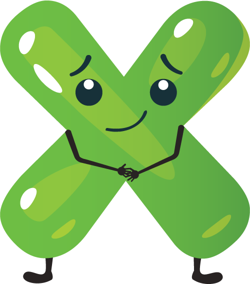 Cute animated green X character with smiling face and holding hands together.