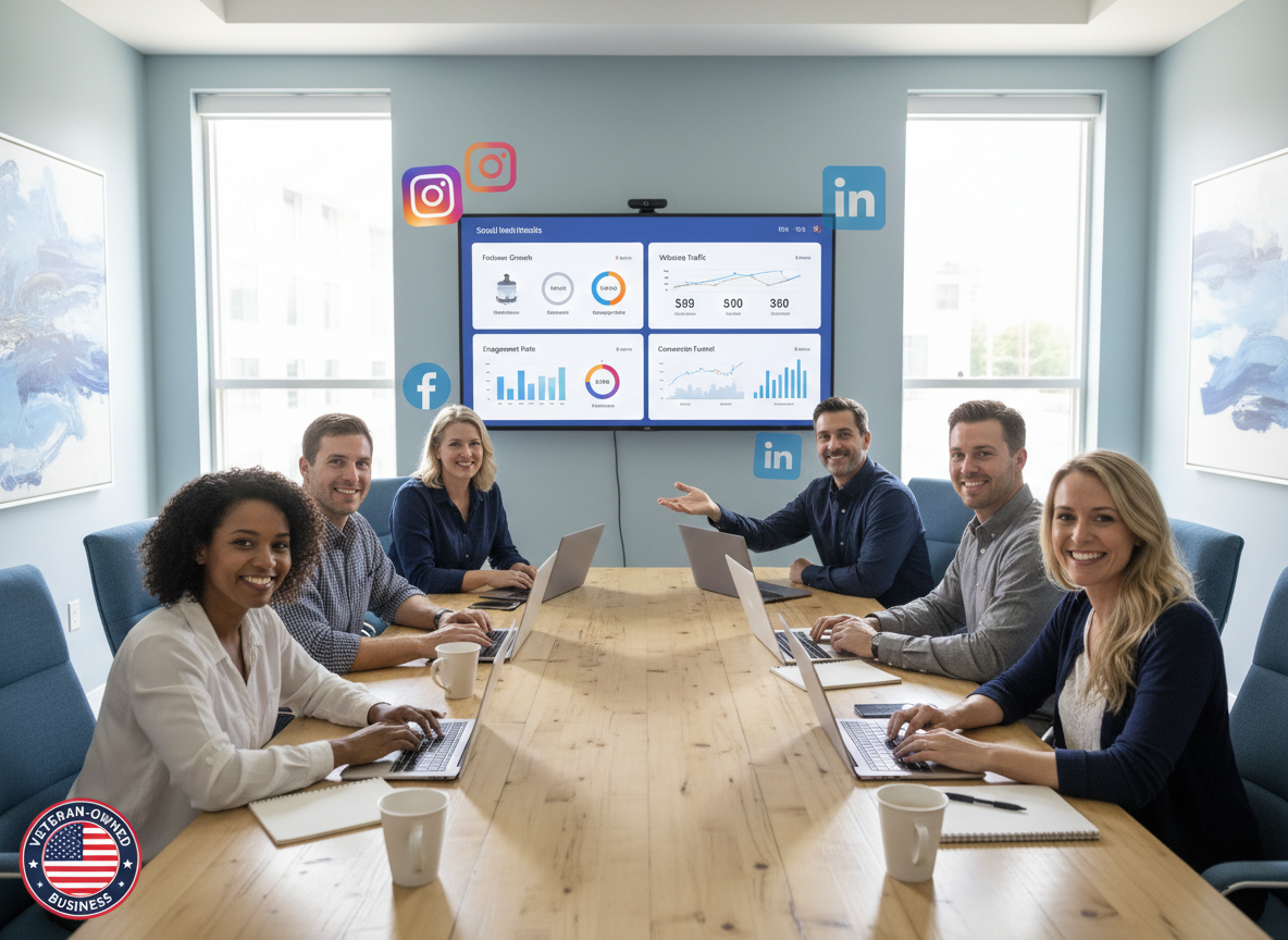A diverse group of six people, three women and three men, sitting around a conference table in a modern office, smiling at the camera, with laptops and notebooks, during a business meeting or presentation with social media analytics on a large screen behind them.