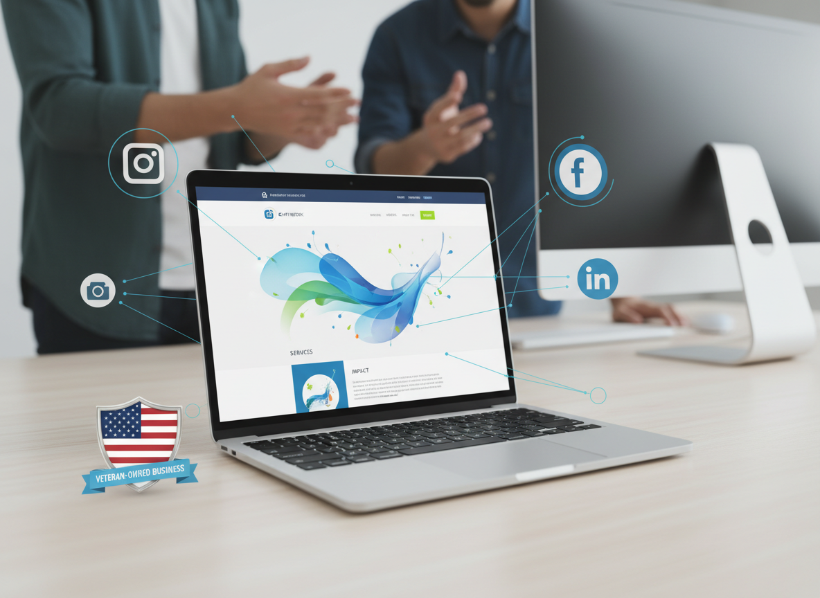 A laptop on a desk displaying a website with a colorful abstract graphic, surrounded by icons for social media platforms (Instagram, Facebook, LinkedIn, Camera), with two people in discussion in the background.