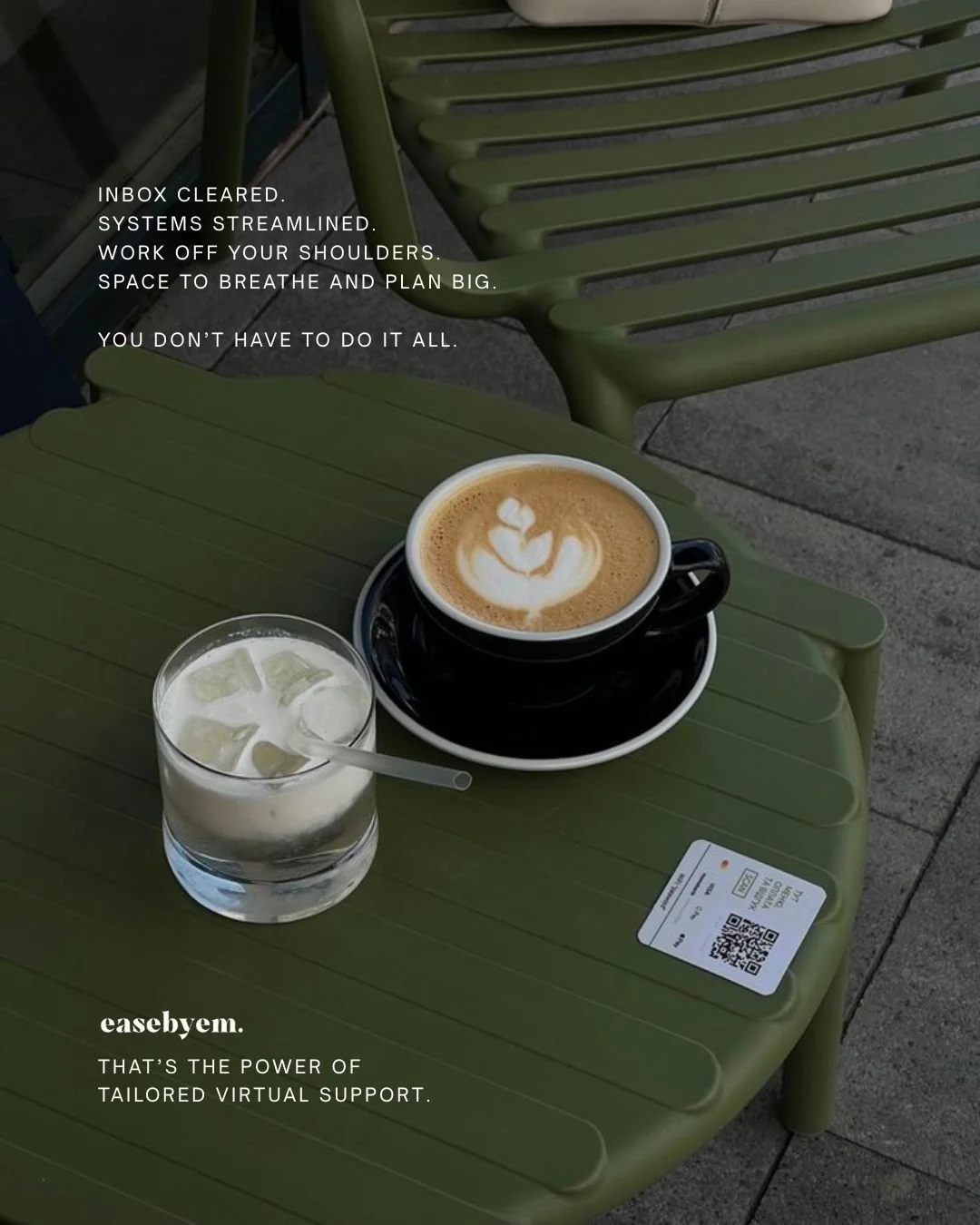 Get that stress-free VA feeling in your business &mdash; organised, supported, and running smoothly.

Imagine more time, less overwhelm, and someone who&rsquo;s got your back.

Ready to experience it? Let&rsquo;s chat!