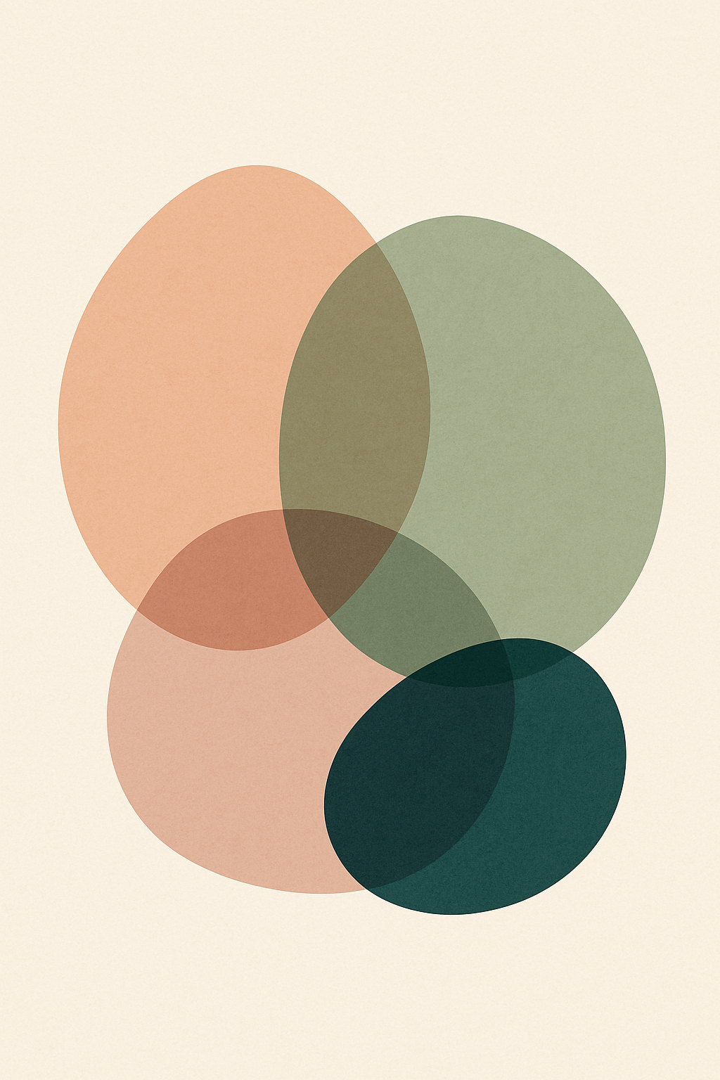 Abstract minimalist art with overlapping circles in shades of peach, green, and dark blue on a light beige background.