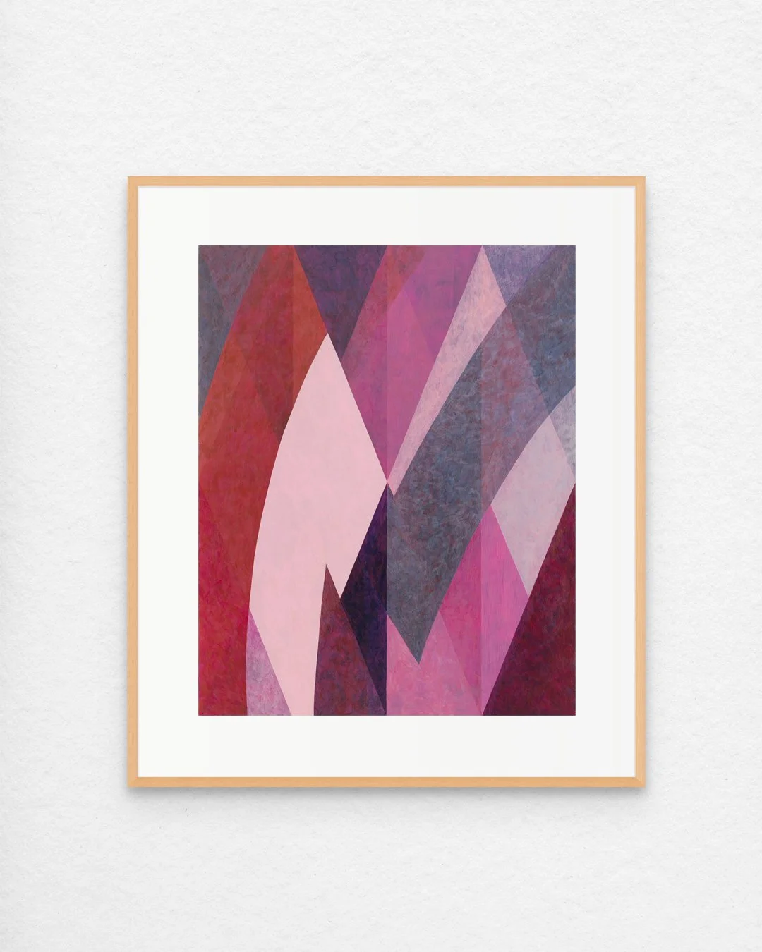 Pink, peach and purple abstract print with curving layered patterns