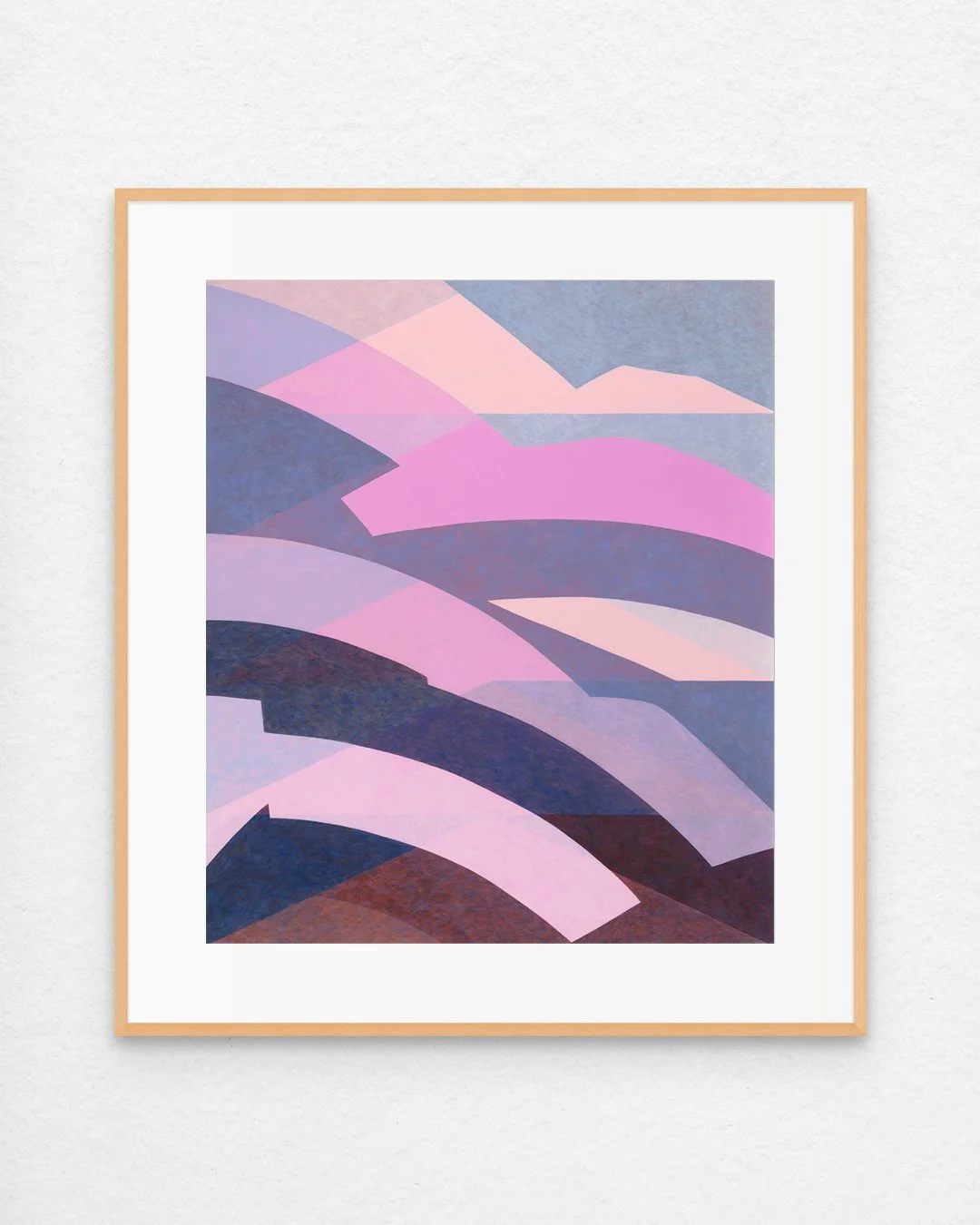 Pink, blue and cream abstract painting with curving horizontal patterns