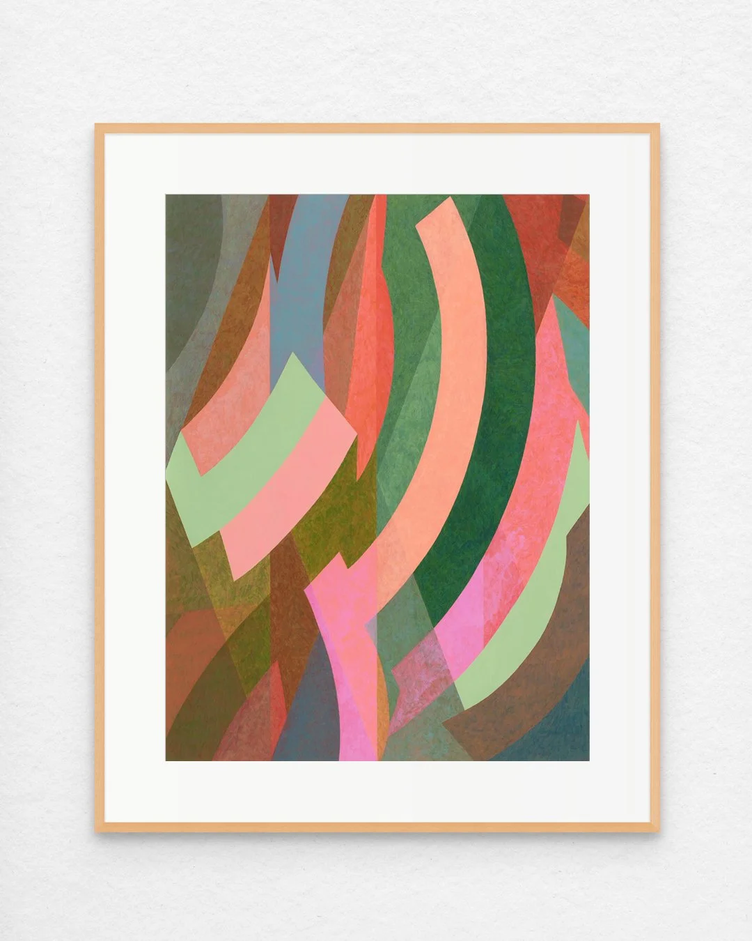 Peach and green abstract art print with curving patterns moving across the surface