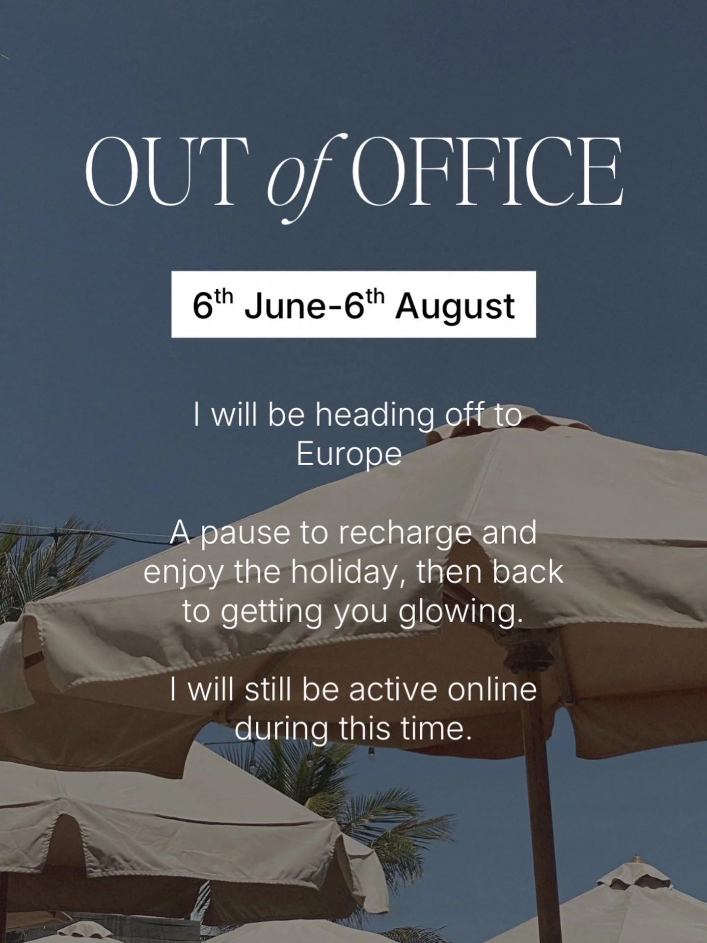 Book in your treatment now to avoid missing me before I leave 🌞🕶️