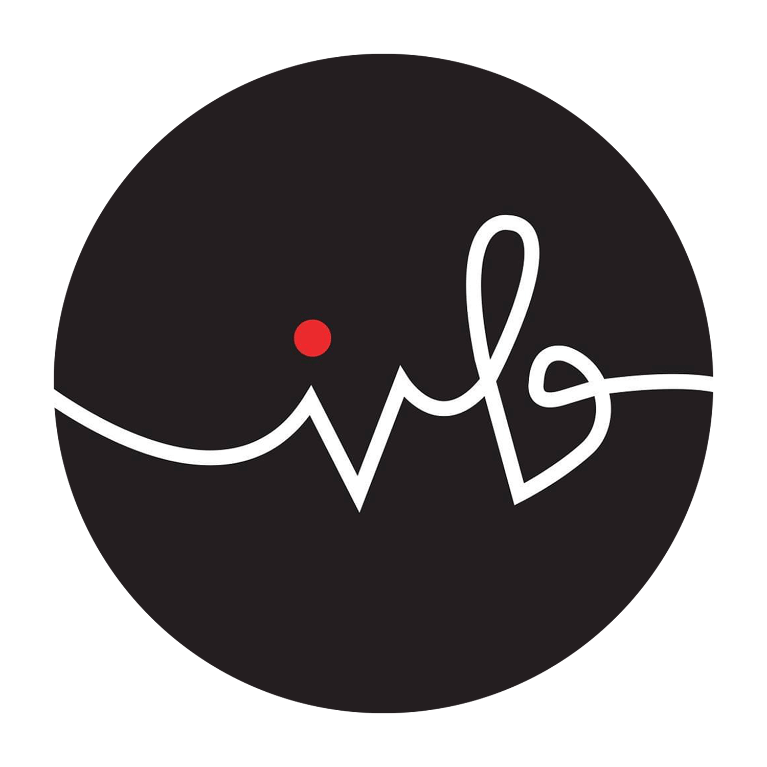 A circular black background features a stylized white line that forms the word "love" with a red dot above the "o".