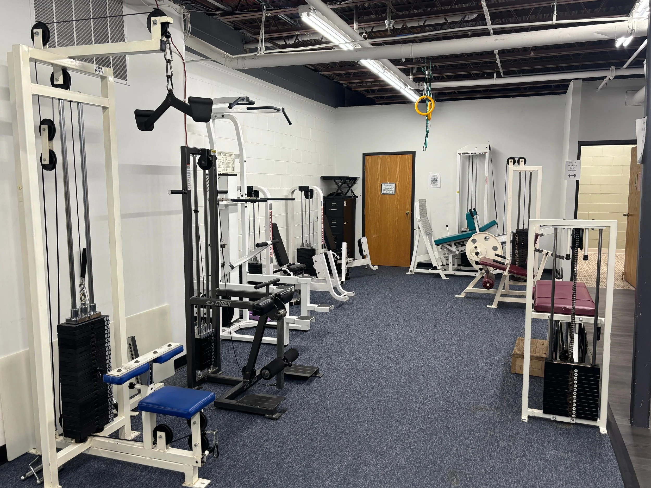 Hip adduction/abduction, Lat pull tower, assisted pull up/dip tower, Lying leg curl, Standing single leg leg curl (downstairs)