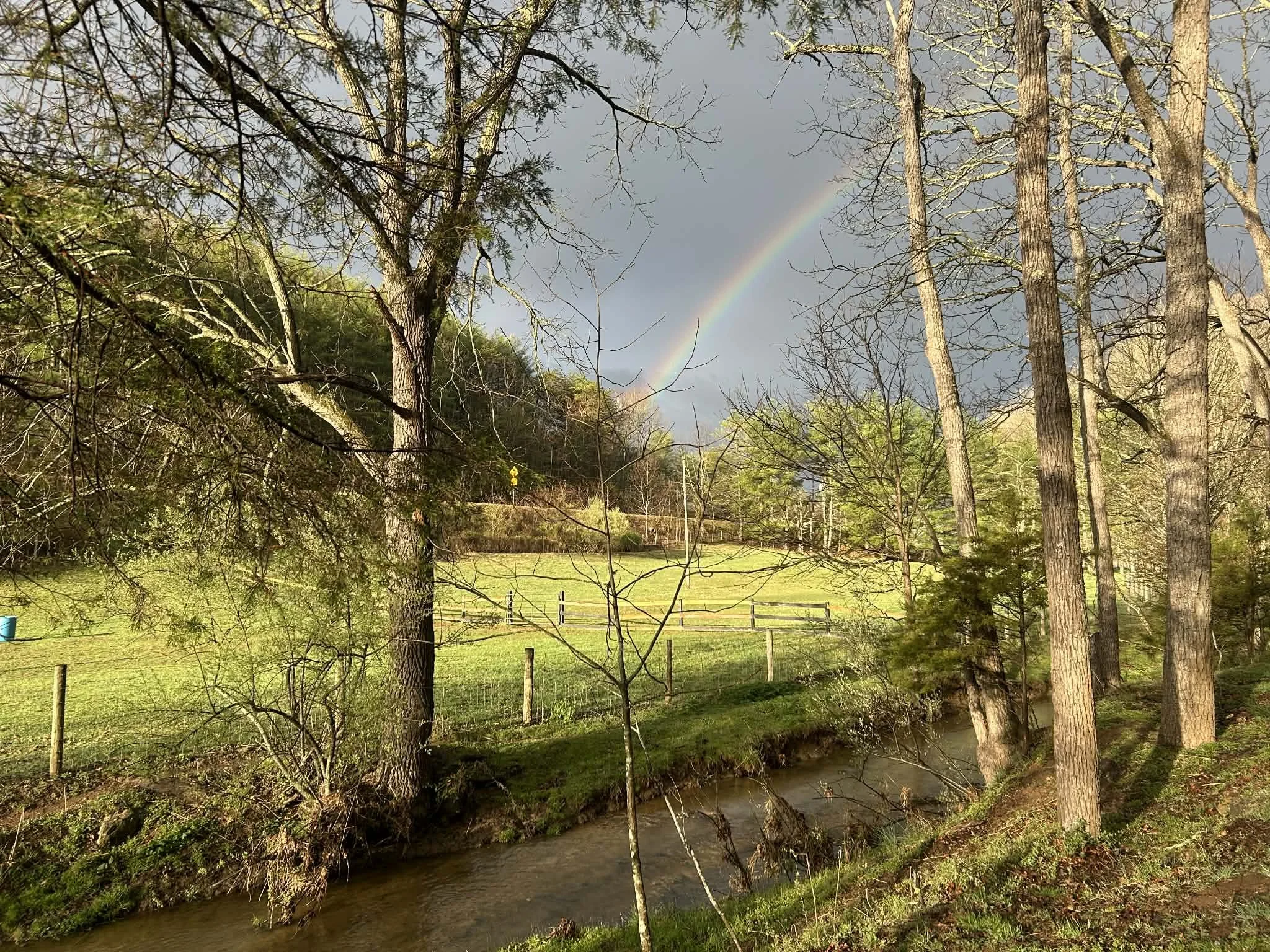 A serene landscape featuring a small creek running through a grassy area with tall, leafless trees. In the background, a rainbow arcs across a cloudy sky.