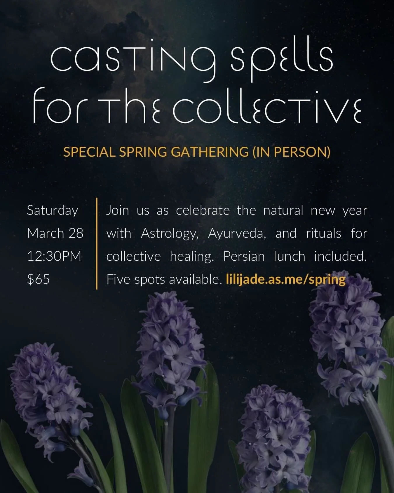 When the world gets heavier, our magic must get stronger. We have the power to make a difference ✨

Please join @lilijadesea and I this Saturday for our in-person Spring Celebration of Casting Spells for the Collective. We&rsquo;ll gather over a deli