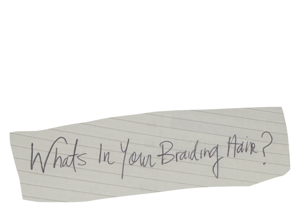 A handwritten note on lined paper asking, "What's in your brading hair?"