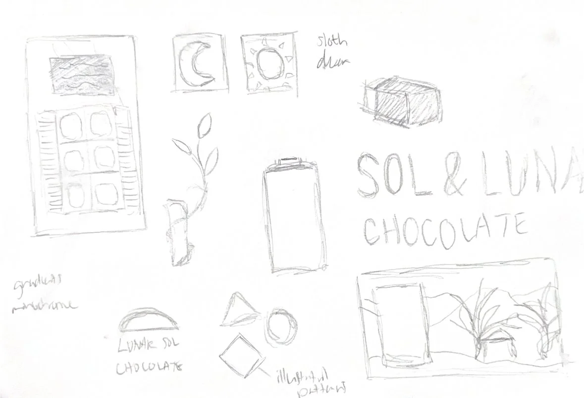 At this point I had not decided
on the packaging format. I was
trying to explore potential visual
motifs or illustrations that could
be used on the chocolate
or packaging.