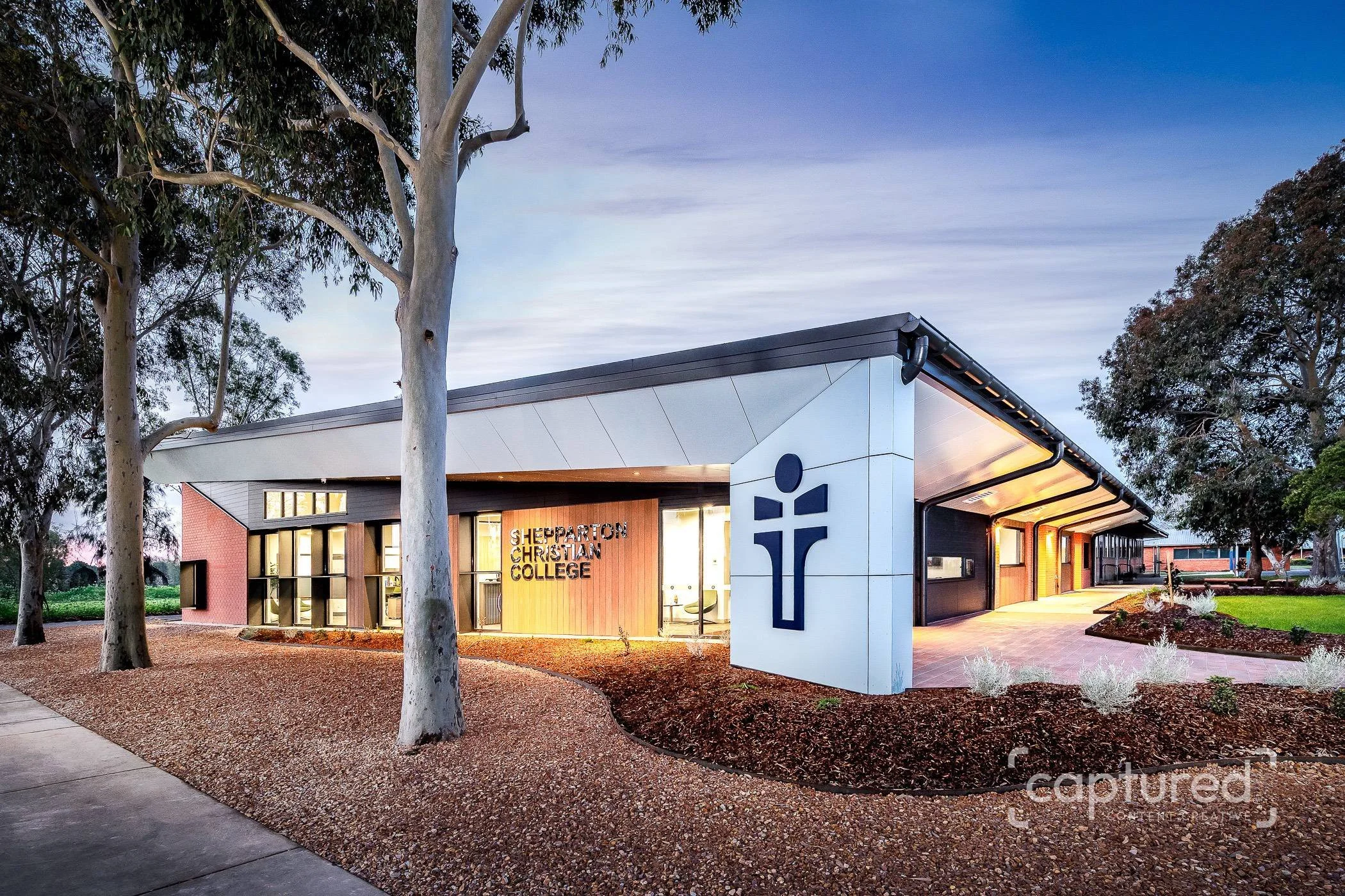 Modern school college building. Twilight.