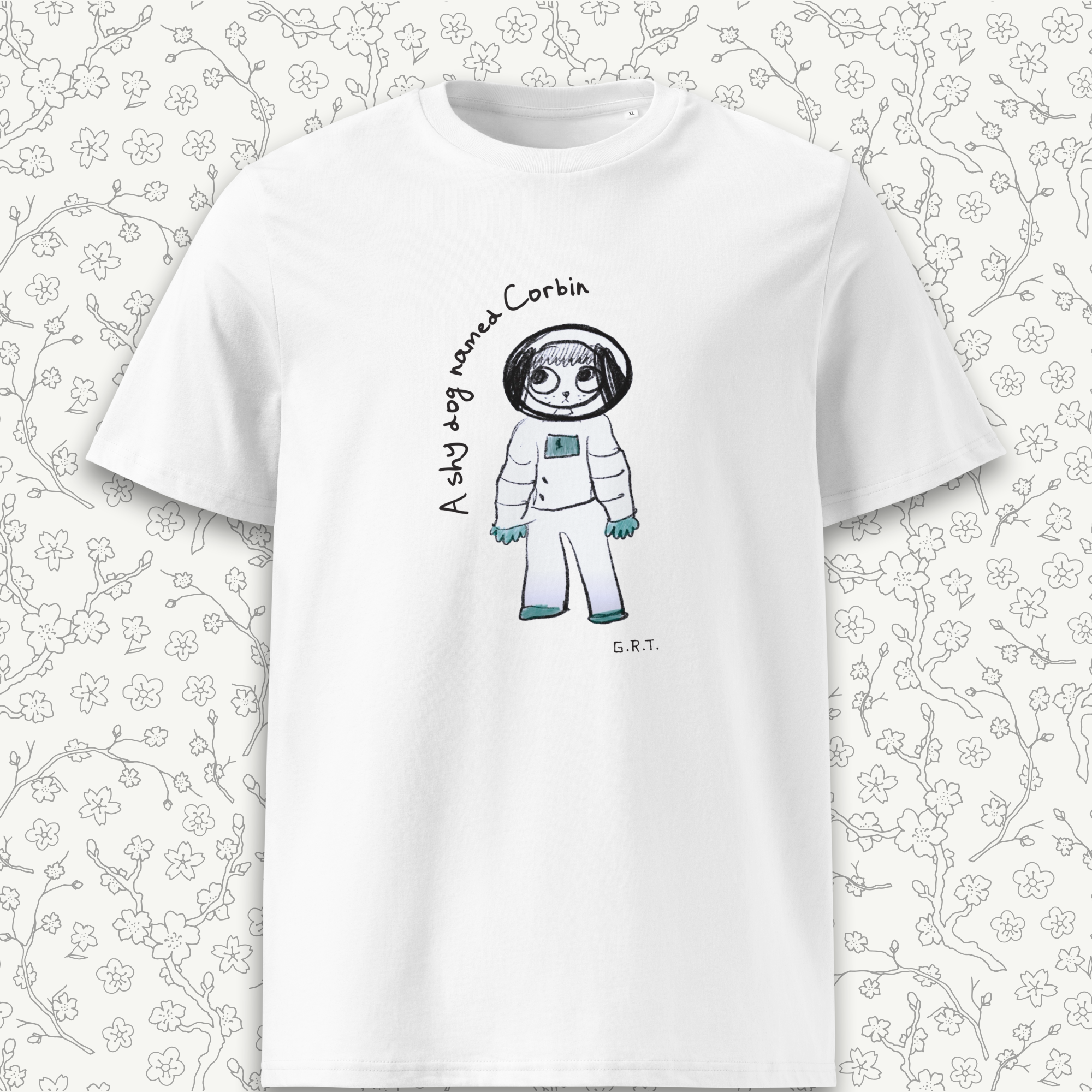 A shy dog named Corbin with a space suit (Front Only)