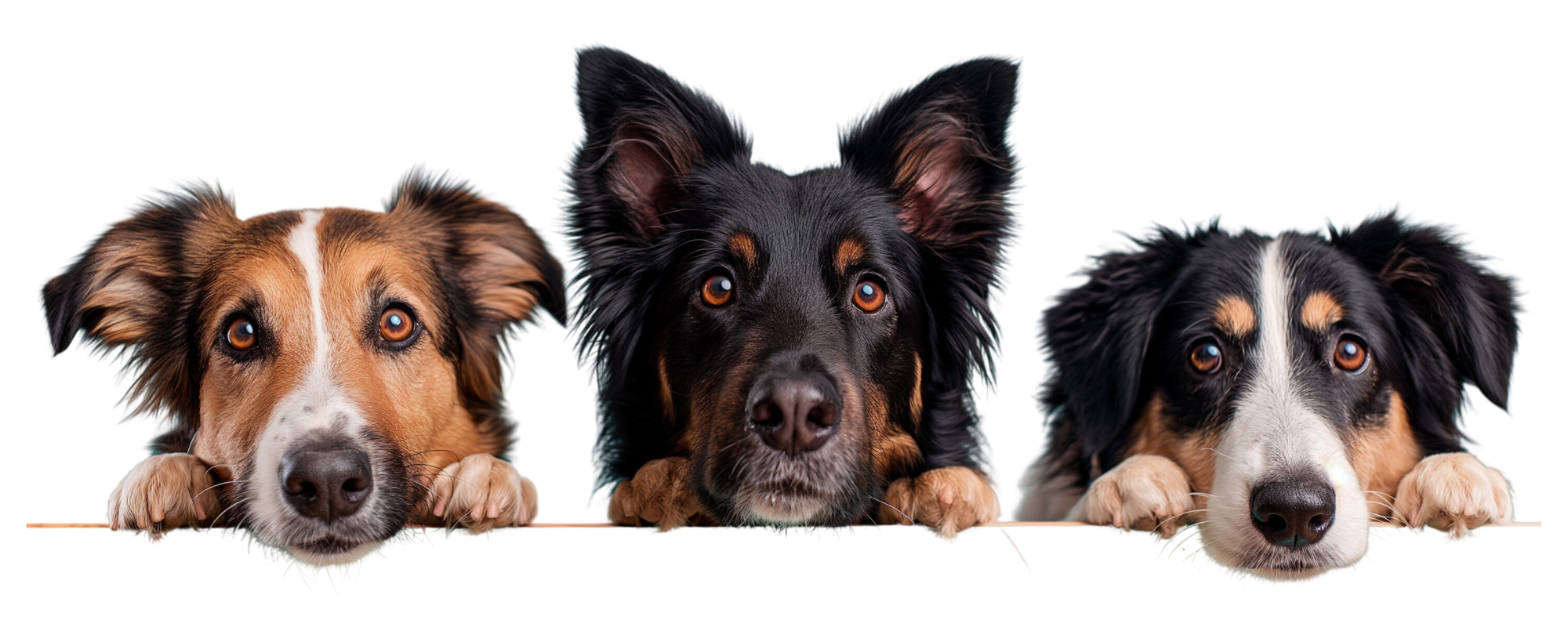 Three dogs lying down with their paws in front, looking at the camera.