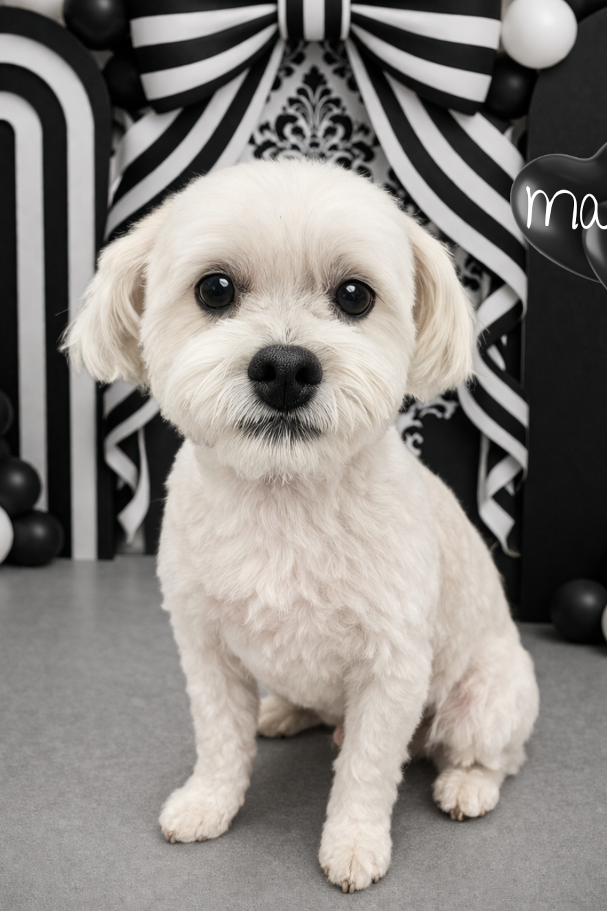 A cute white puppy with big dark eyes sitting on a gray surface, with black and white decorative background and black, white, and gray balloons.