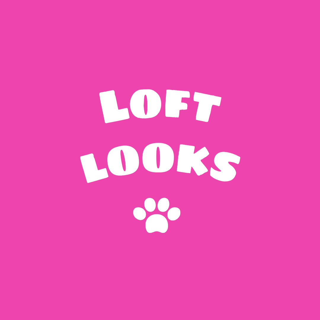 Pink background with white text that says 'LOFT LOOKS' and a paw print below.