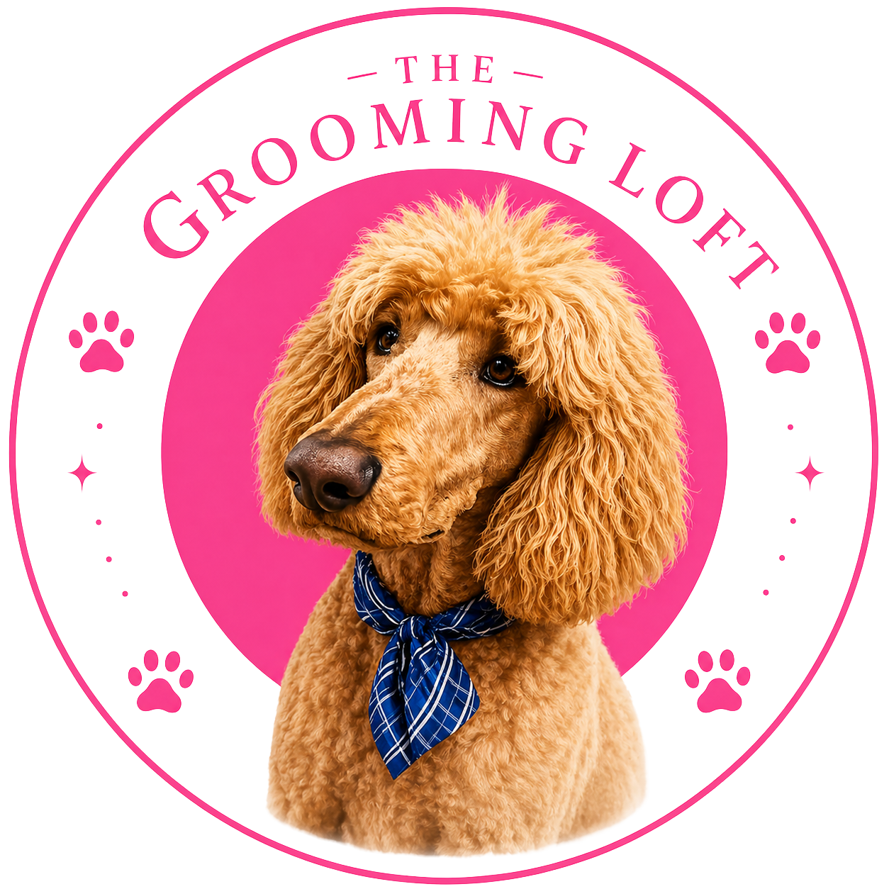 Pink circular emblem with a picture of a golden poodle wearing a blue bandana, surrounded by text that reads 'The Grooming Queen' with paw print icons.