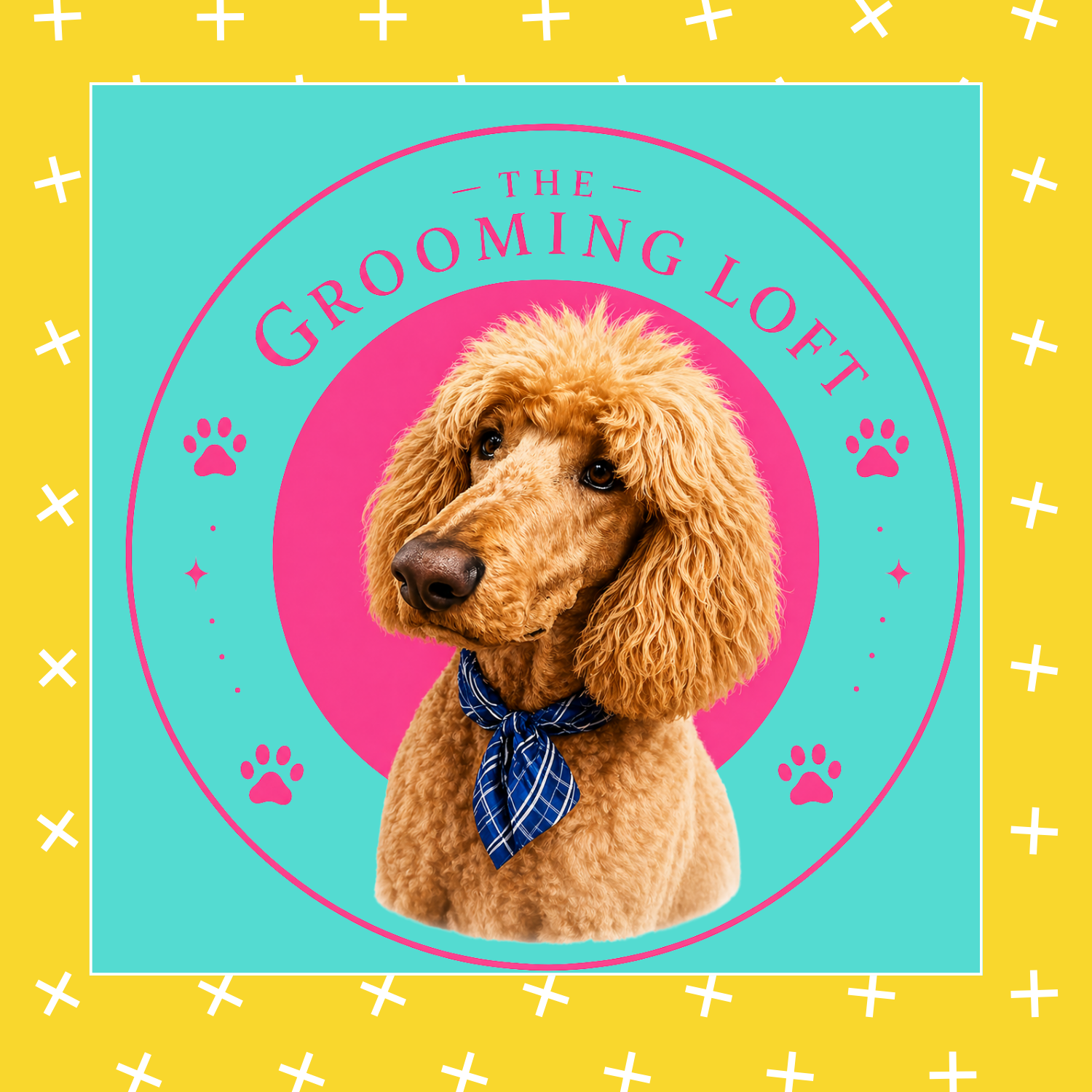 Colorful poster featuring a poodle with a blue bandana around its neck, with text reading 'The Grooming Loft' and decorative paw prints and stars.