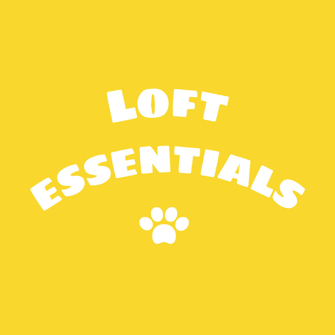 Yellow background with white text that reads 'LOFT ESSENTIALS' and a paw print icon.