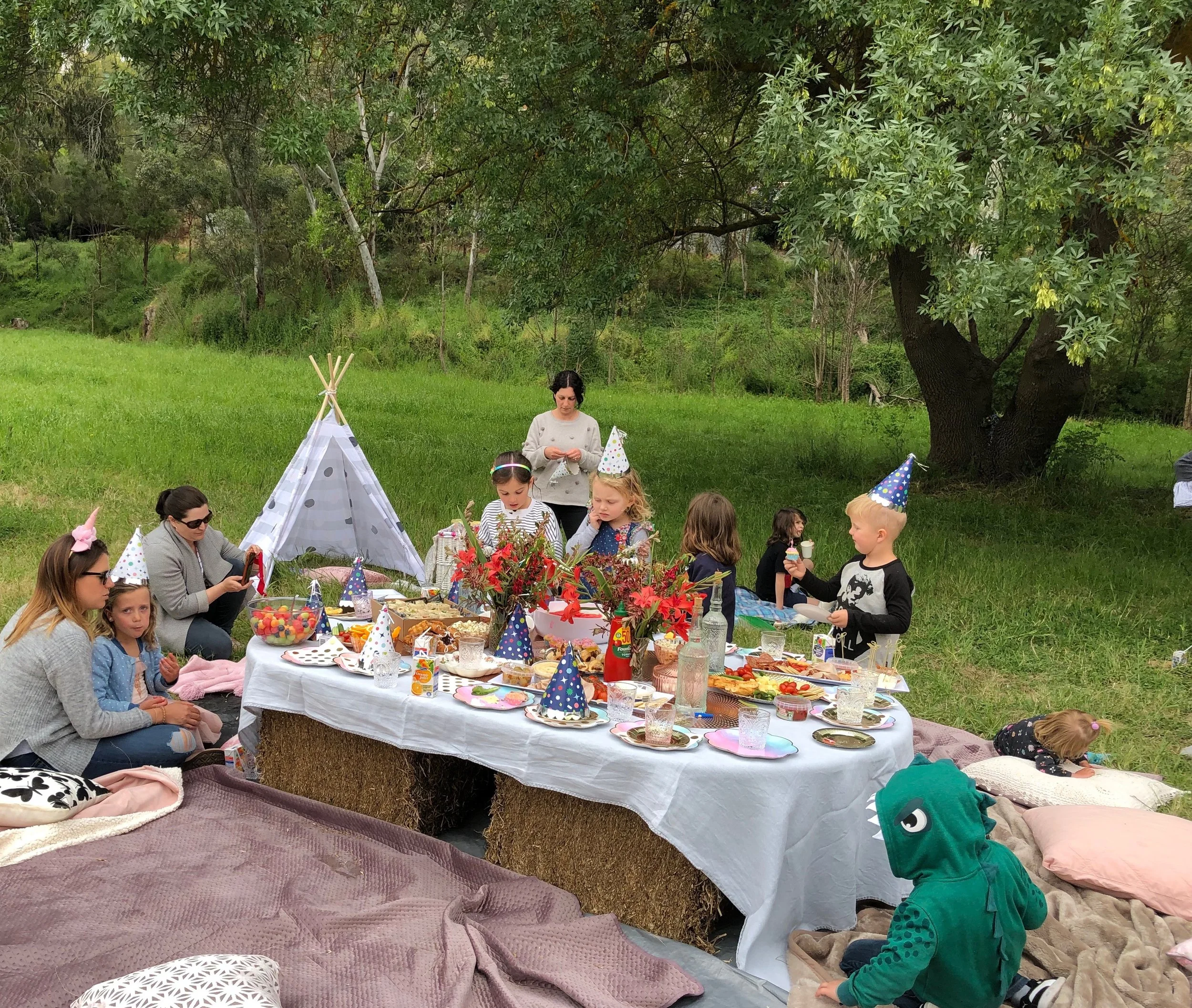 Outdoor children's picnic with party hats and decorated table in a grassy area with trees.